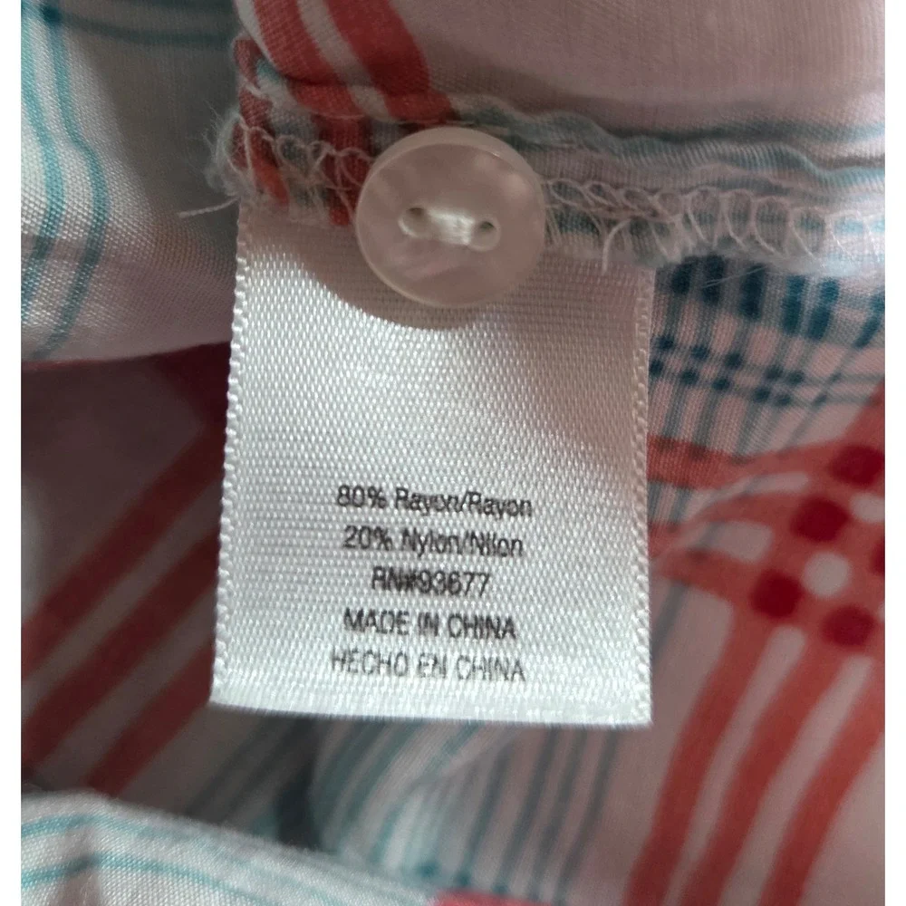 ana A New Approach Plaid Button Down Blouse Pink Blue 3/4 Roll Tab Sleeve Medium